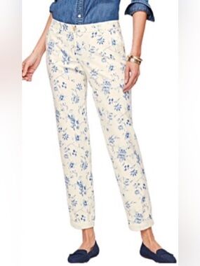 Talbots Cream Straight-Leg Pants with Blue Toile Floral Print size 2
